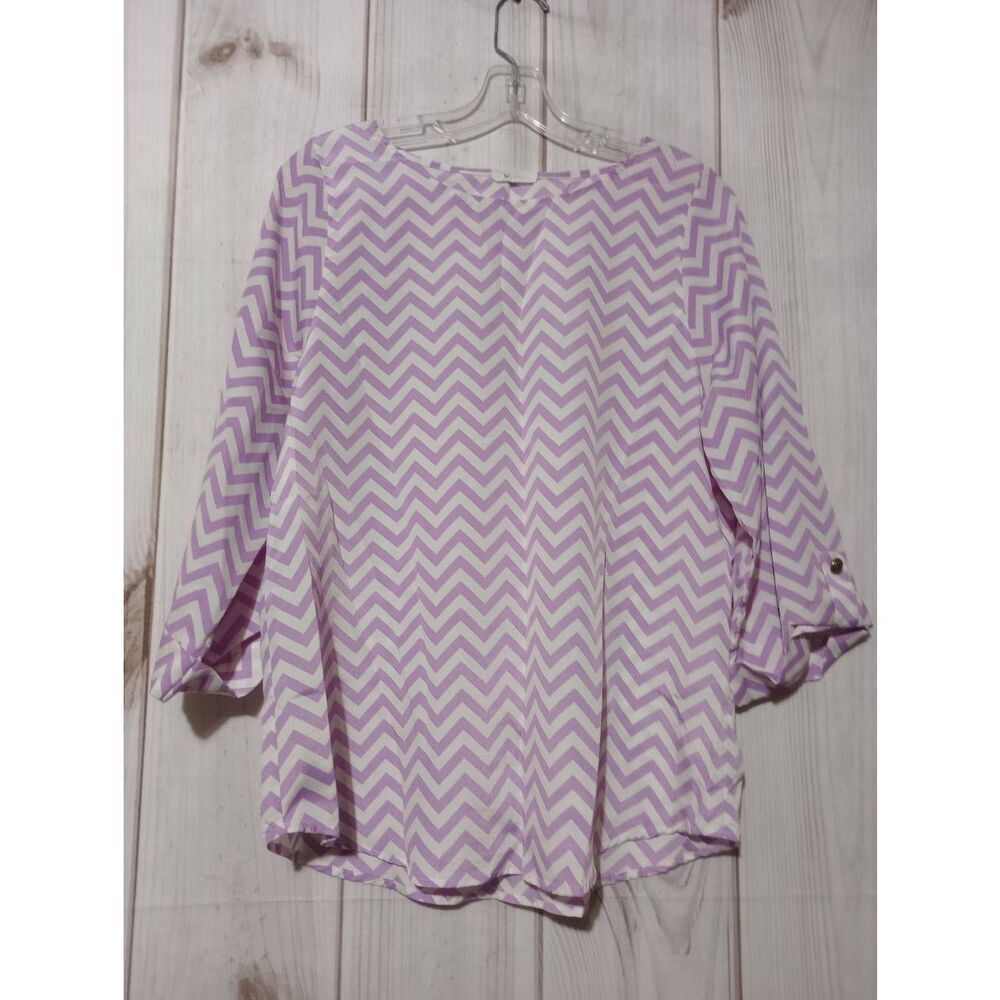 Everly Shirt Ladies‎ Large Lavender White 3/4 Sleeve Round Neck Light Weight